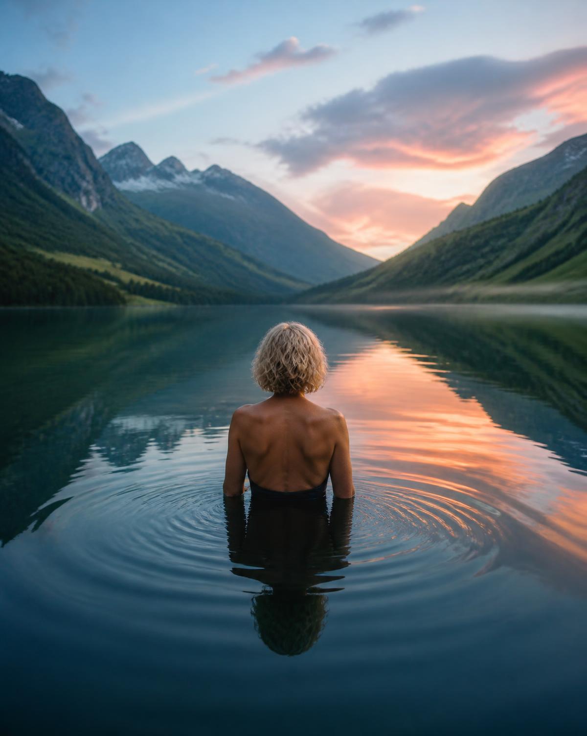 A person standing quietly in a mountain lake at dawn