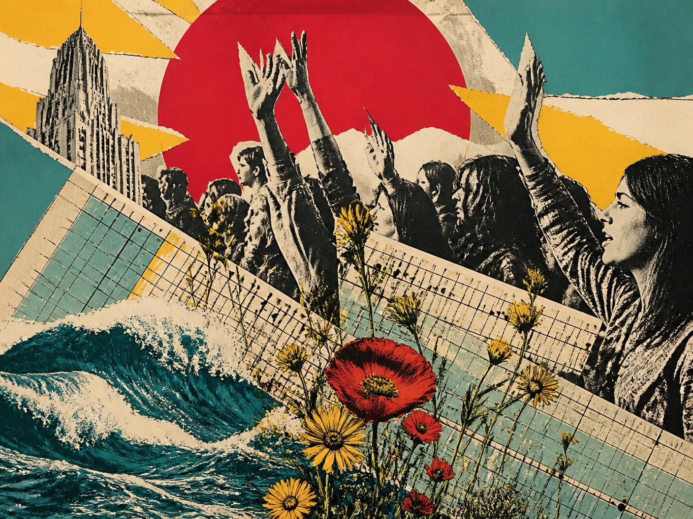 Counterculture collage of raised hands, wildflowers, waves, and a red sun