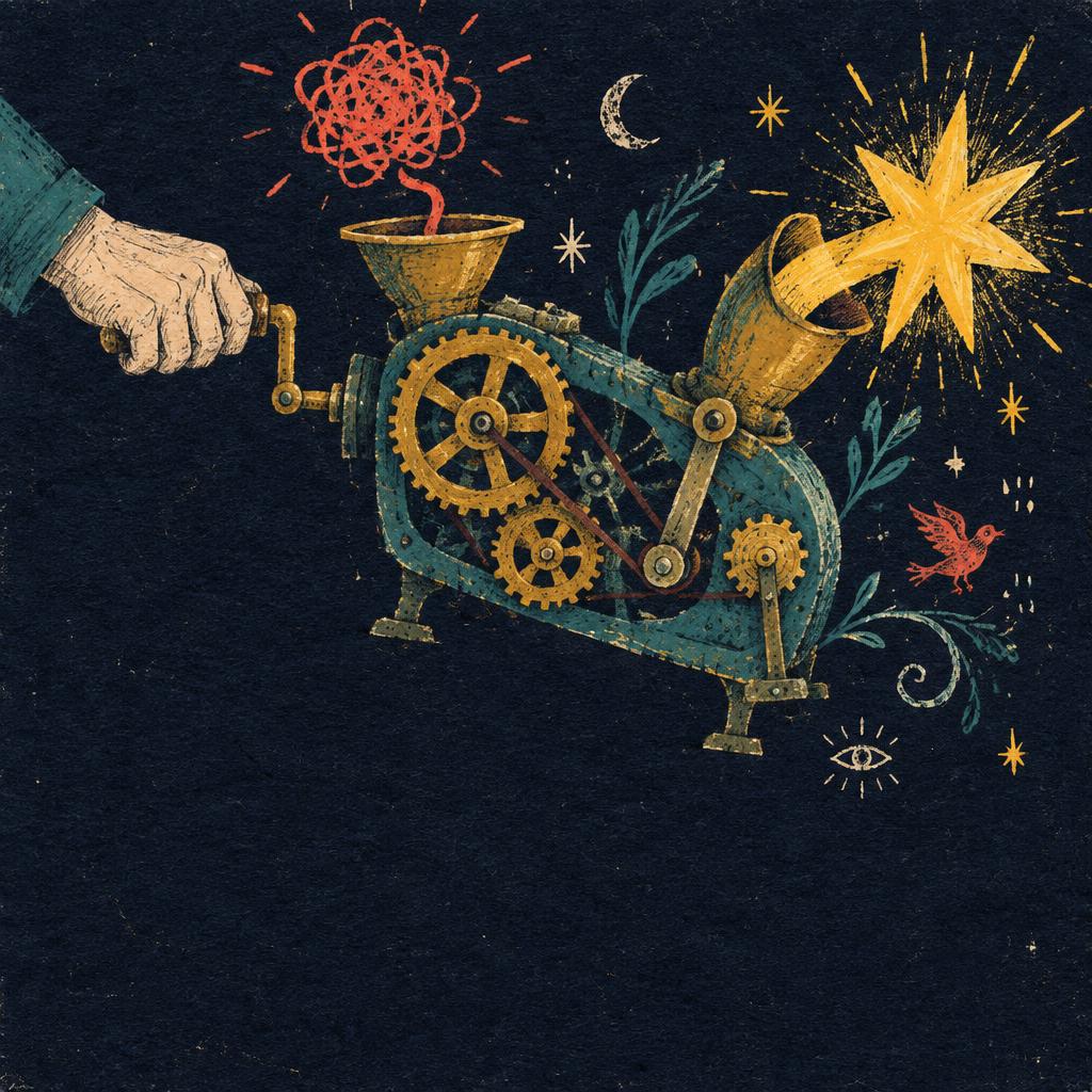 A hand-drawn mystical machine turning an idea into a radiant star